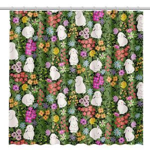 Shower Curtain Bunnies Kids Easter Bunny Spring Floral Washable Waterproof FCT